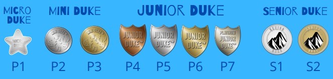 on a blue background the school years from p1 to s2 are written in blue text. Above each year is a bronze, silver or gold badge. Above this in blue text is written micro duke, mini duke, junior duke and senior duke.