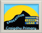 Picture frame inside is a blue, black and yellow background with a stack of books and text reading endeavour, participate, learn, lead, Craigdhu Primary